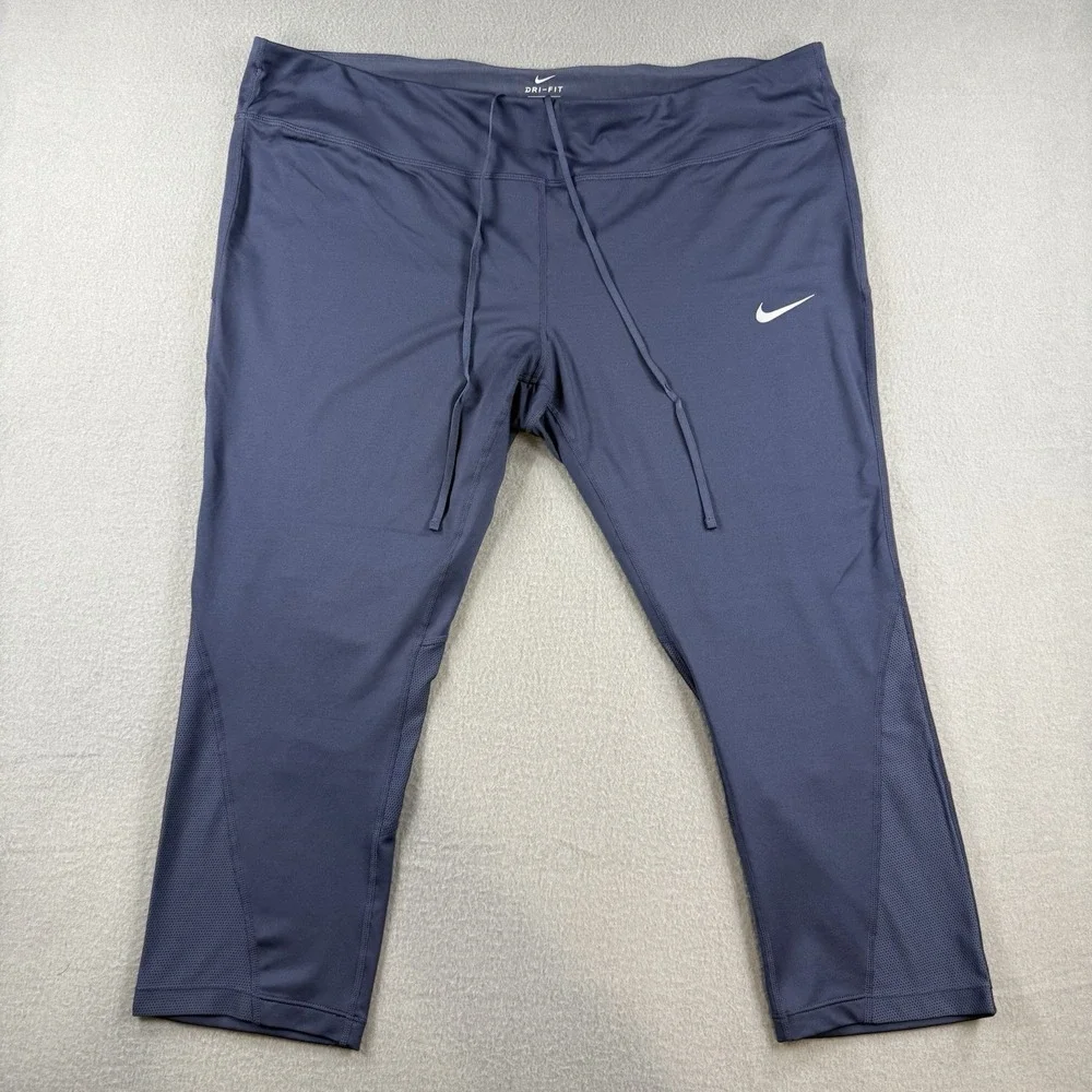 Nike Dri-FIT Womens 3X Navy Blue Cropped Athletic Leggings Mesh Panel Drawstring